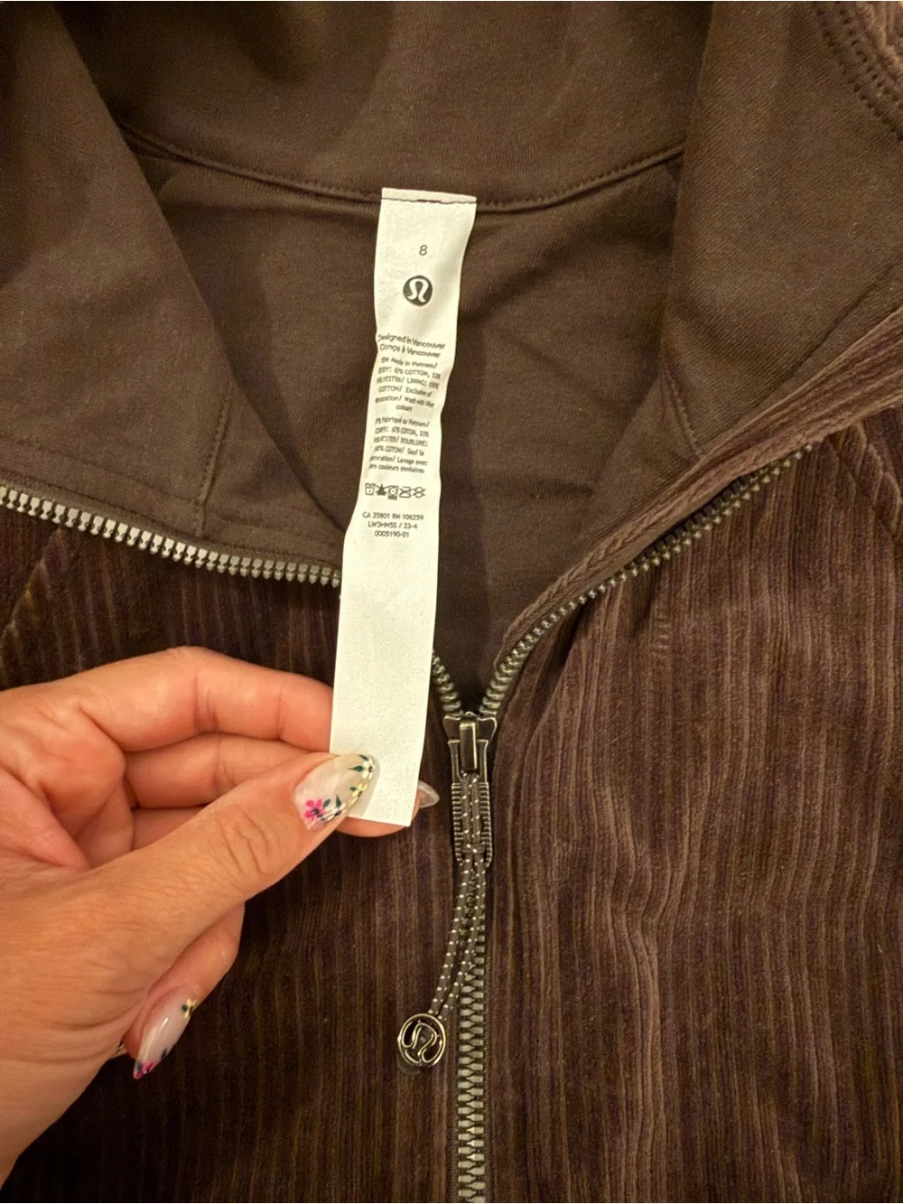 Lululemon Scuba Track Jacket *Velvet Cord in Espresso size 8